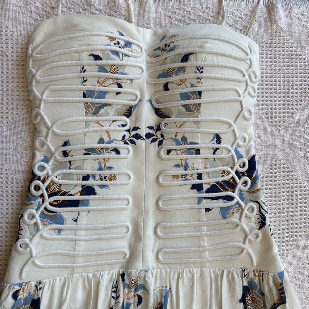 Farm Rio Mystic Blue Lotus Dreamscape Midi Dress-M-Corded Sweetheart Bodice - Picture 7 of 14